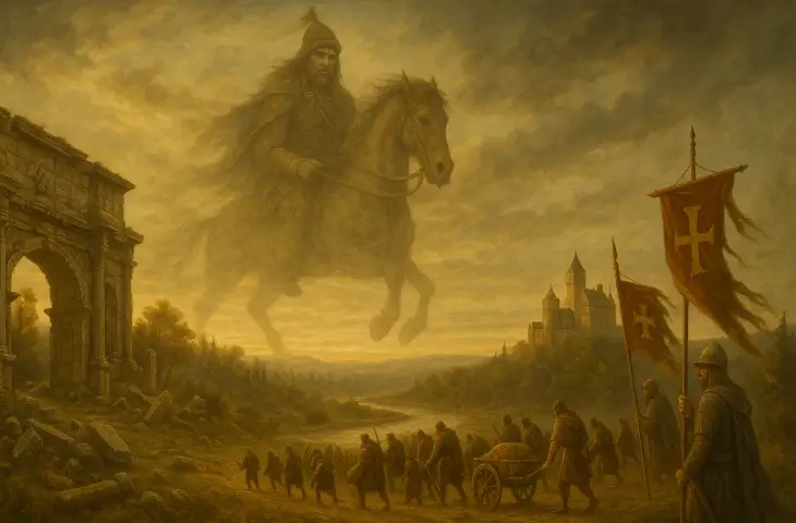 Avrupa manzarası üzerinde hayalet siluet şeklinde atlı Attila’nın belirdiği, ön planda ise Orta Çağ askerleri ve halkın yıkıntılar arasında ilerlediği sembolik sahne.